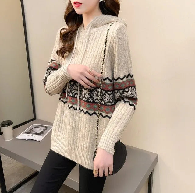 Polerón con Capucha Mujer Suelto Cordón Patchwork Estilo Étnico
