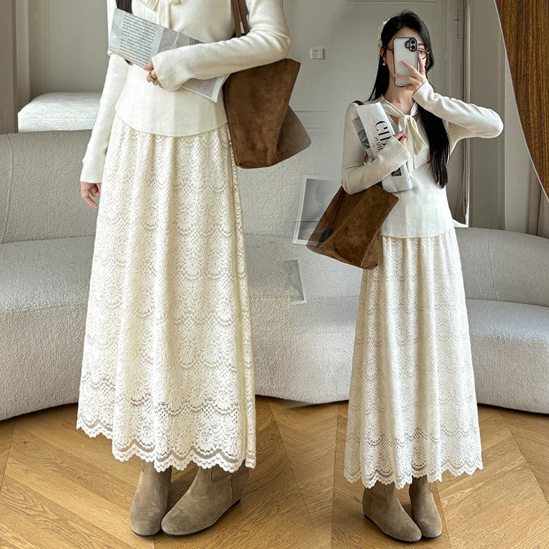 Retro Mid-length Lace Fleece Skirt Women Korean Fashion Fall Winter High-waisted Skirt Female Chic All Match Faldas 2025
