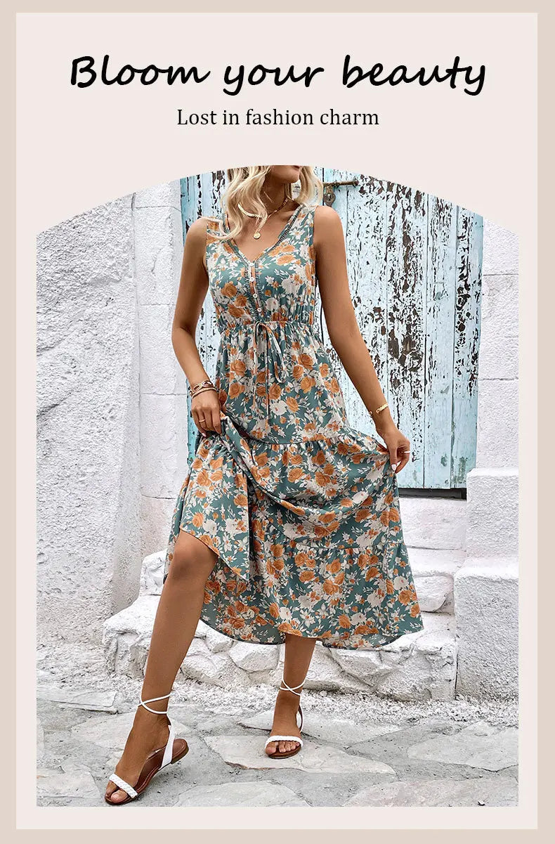Vestido Largo Casual Floral Escote V Sin Mangas Mujer