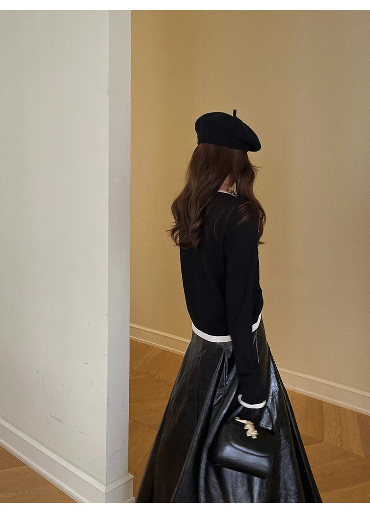 PU Leather Maxi Skirt - High Waist Pleated Black