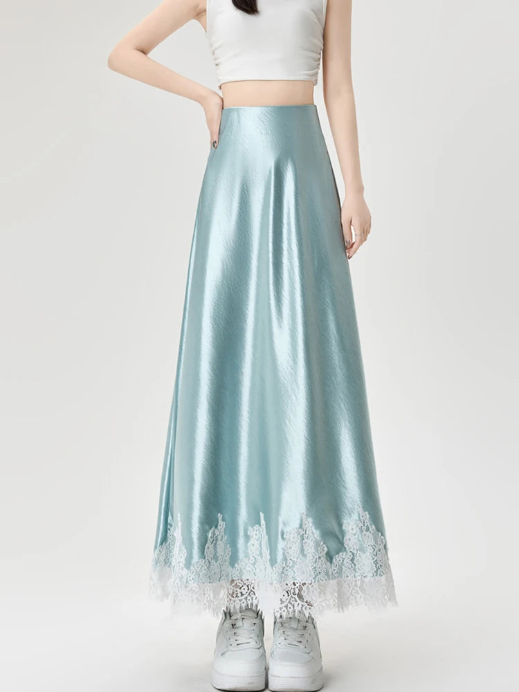 Satin Maxi Skirt - High Waist Side Slit Black