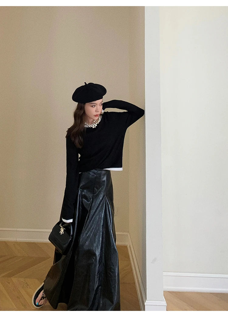 PU Leather Maxi Skirt - High Waist Pleated Black