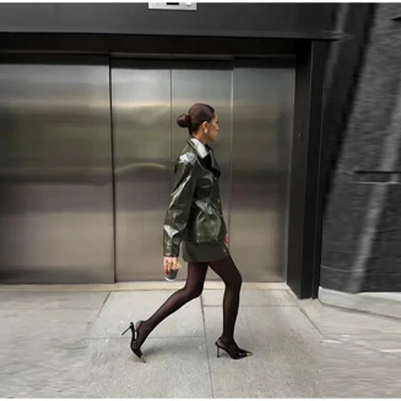 Two Piece Set - Leather Jacket & Mini Skirt