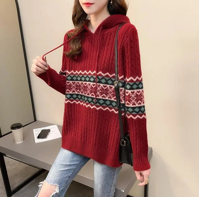 Polerón con Capucha Mujer Suelto Cordón Patchwork Estilo Étnico
