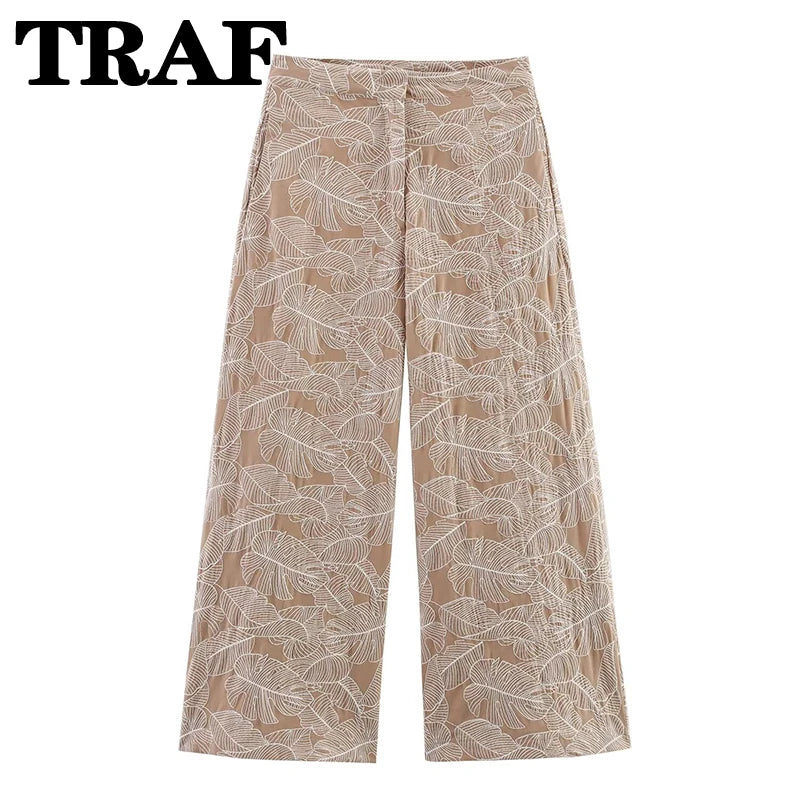 Conjunto Mujer Casual Top Bordado Pierna Ancha Holgado