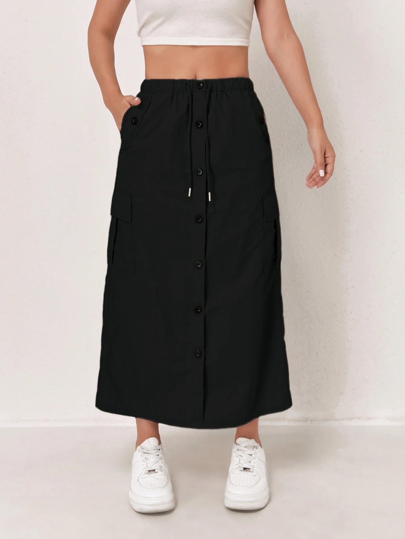 High Waist Cargo Skirt - Front Button Pockets