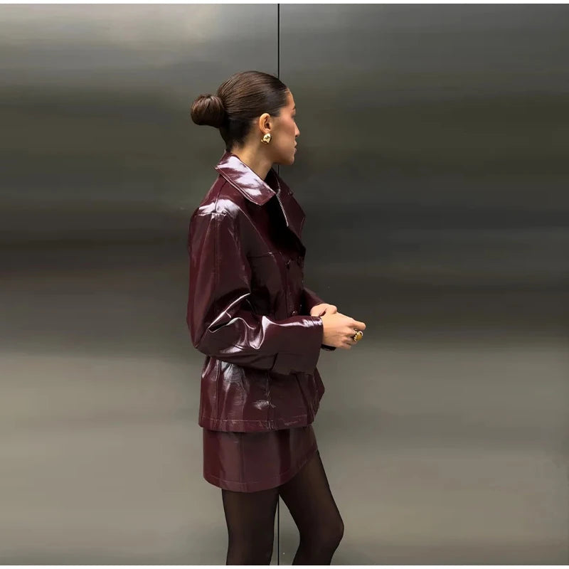 Two Piece Set - Leather Jacket & Mini Skirt