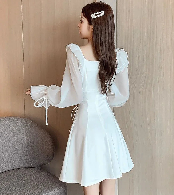 Vestido Corto Manga Puff Cuello Cuadrado Estilo Coreano Mujer