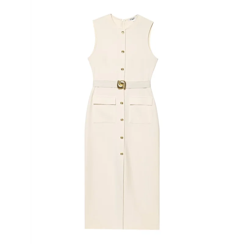Work Dress - Sleeveless Button Down Belt 2025