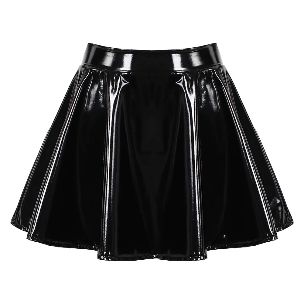 Women's Sexy Glossy Patent Leather Flared Miniskirt Dance-Performance Hot Pleated Skirt A-Line Skirt Clubwear Cosplay Costume