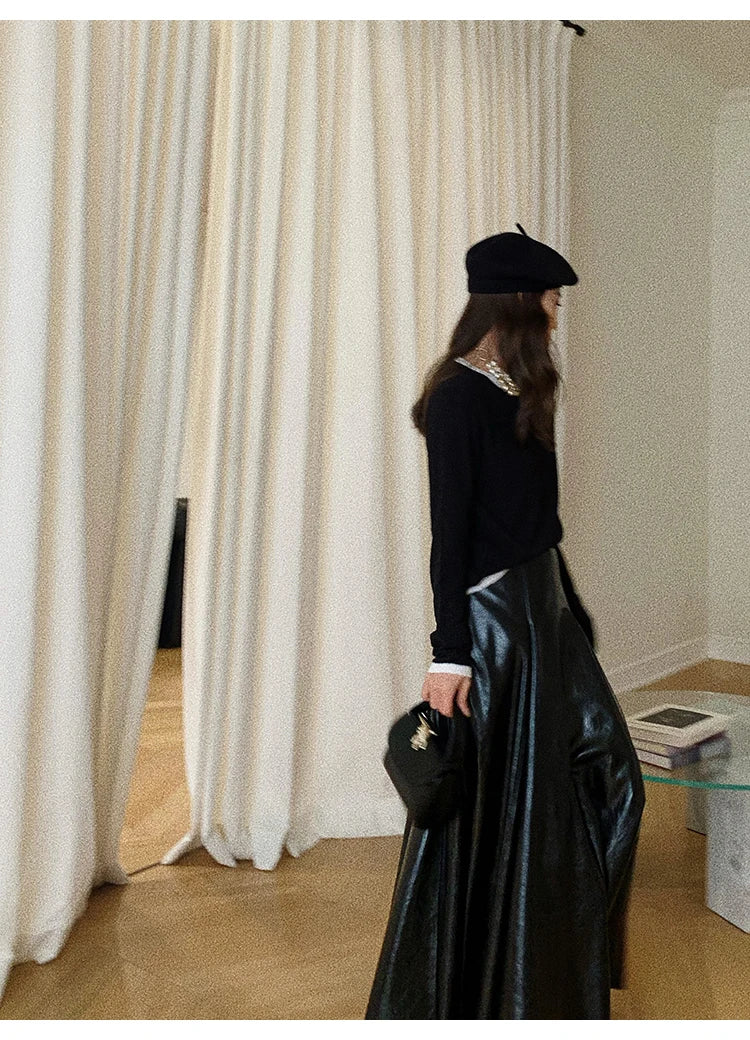 PU Leather Maxi Skirt - High Waist Pleated Black