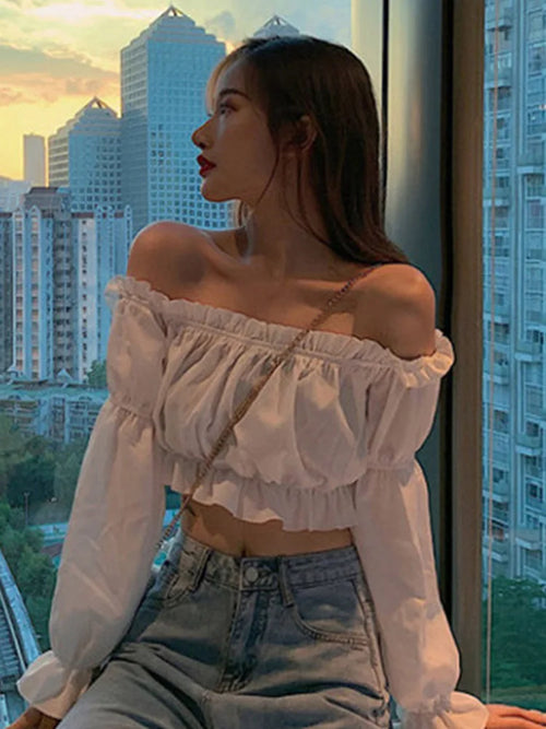Blusa Crop Top Hombro Descubierto Manga Puff Volantes