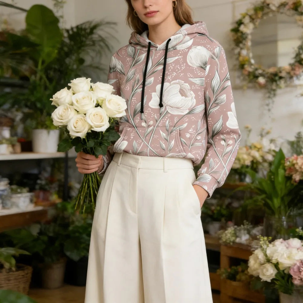 Polerón Capucha Mujer Estampado Sueco Floral Bolsillo Canguro