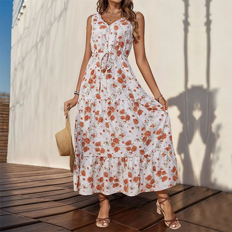 Vestido Largo Casual Floral Escote V Sin Mangas Mujer