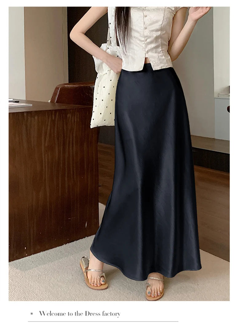 Pink Satin Midi Skirt - High Waist Fishtail Wrap