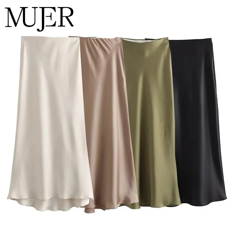 Falda Midi Satén Mujer Cintura Alta Elegante Oficina