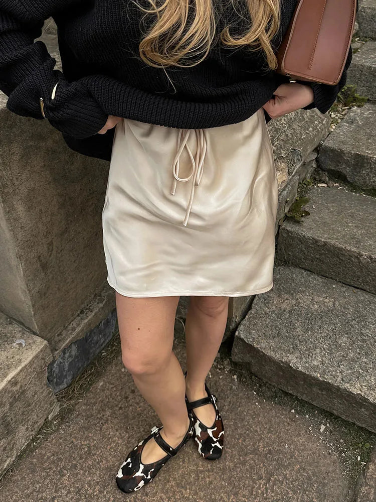 Satin Mini Skirt - Drawstring High Waist A-Line