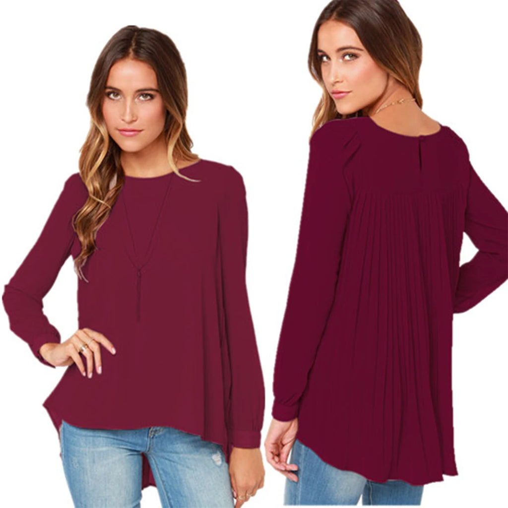 Blusa chifón vino con cuello en V y manga larga; caída suave y pliegues sutiles, look elegante oficina.