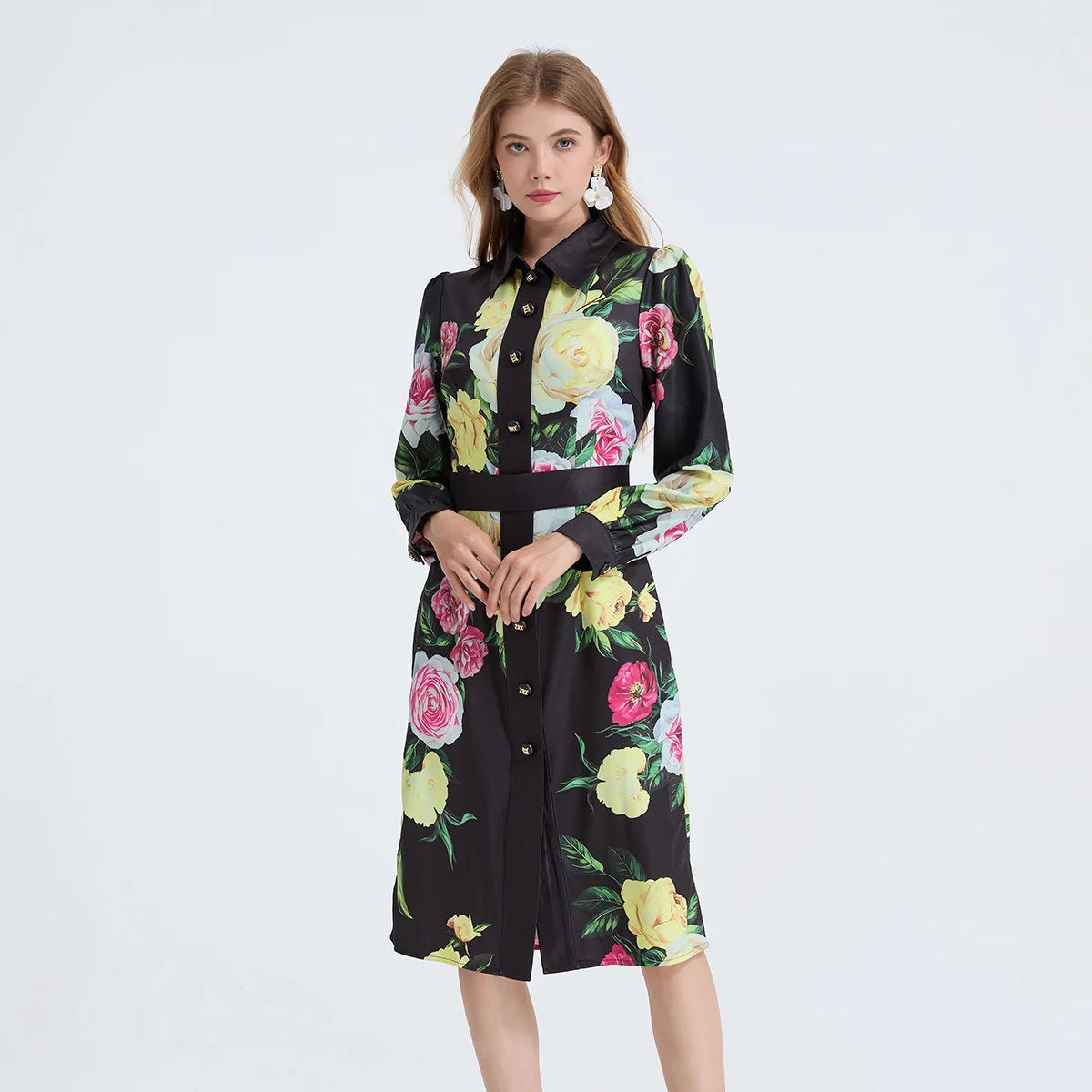 Pencil Dress - Long Sleeve Floral Polka Dots