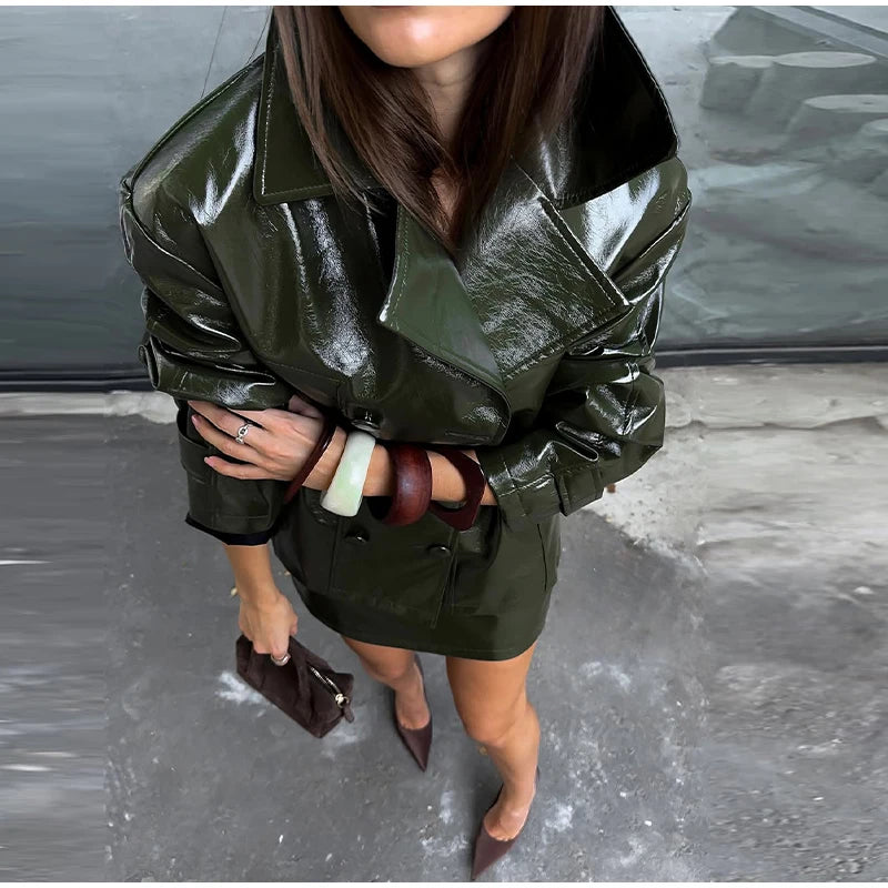 Two Piece Set - Leather Jacket & Mini Skirt