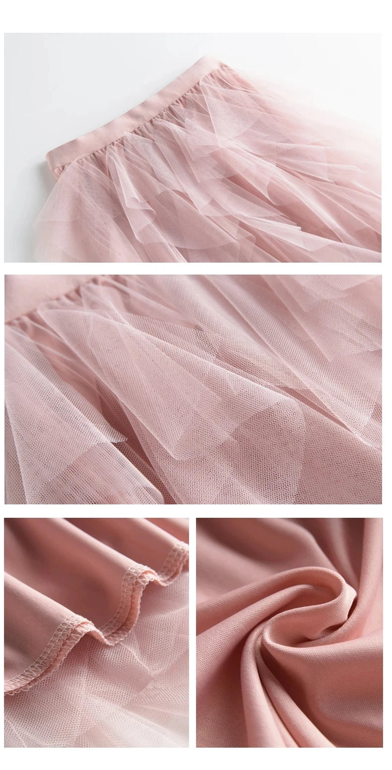 Tutu Tulle Long Maxi Skirt Women Fashion Korean Cute Pink High Waist Pleated Skirt Mesh Female Lady Aesthetic Faldas