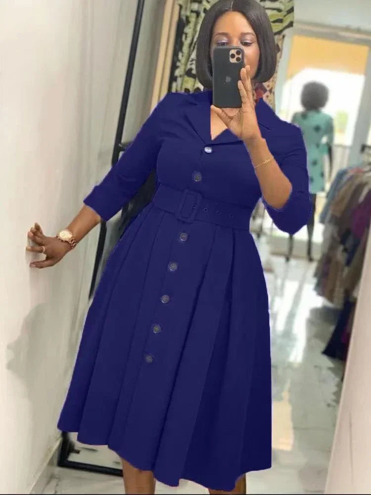 Office Dress - Button Down Lapel Belt A-Line Midi