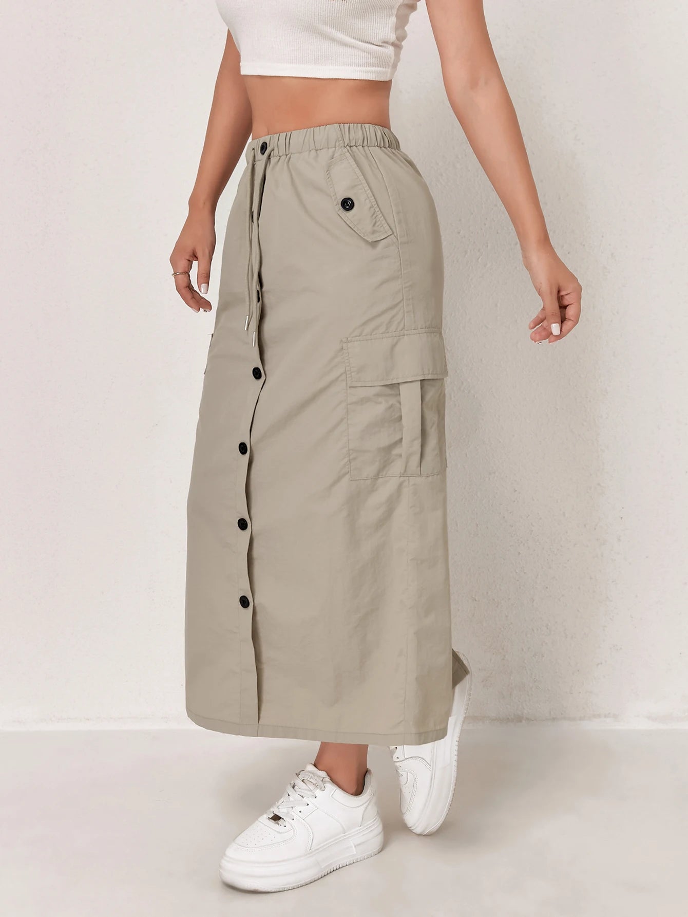 High Waist Cargo Skirt - Front Button Pockets