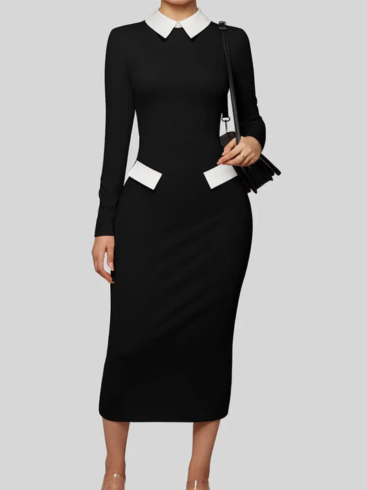 Pencil Dress - Polo Collar Long Sleeve Office