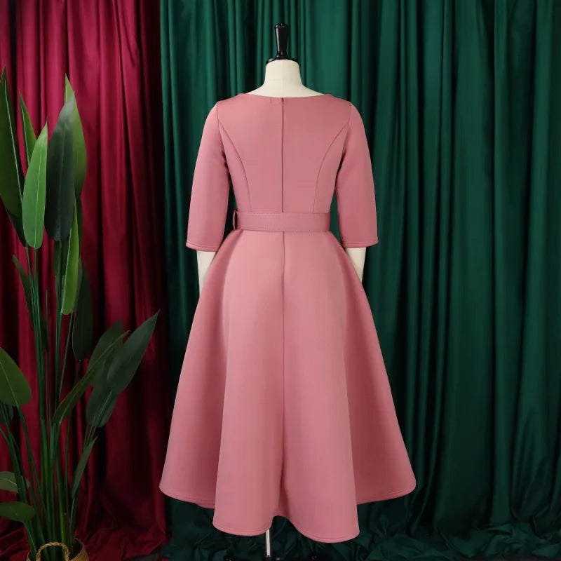 Party Dress - A-Line Belt Three Quarter Sleeve