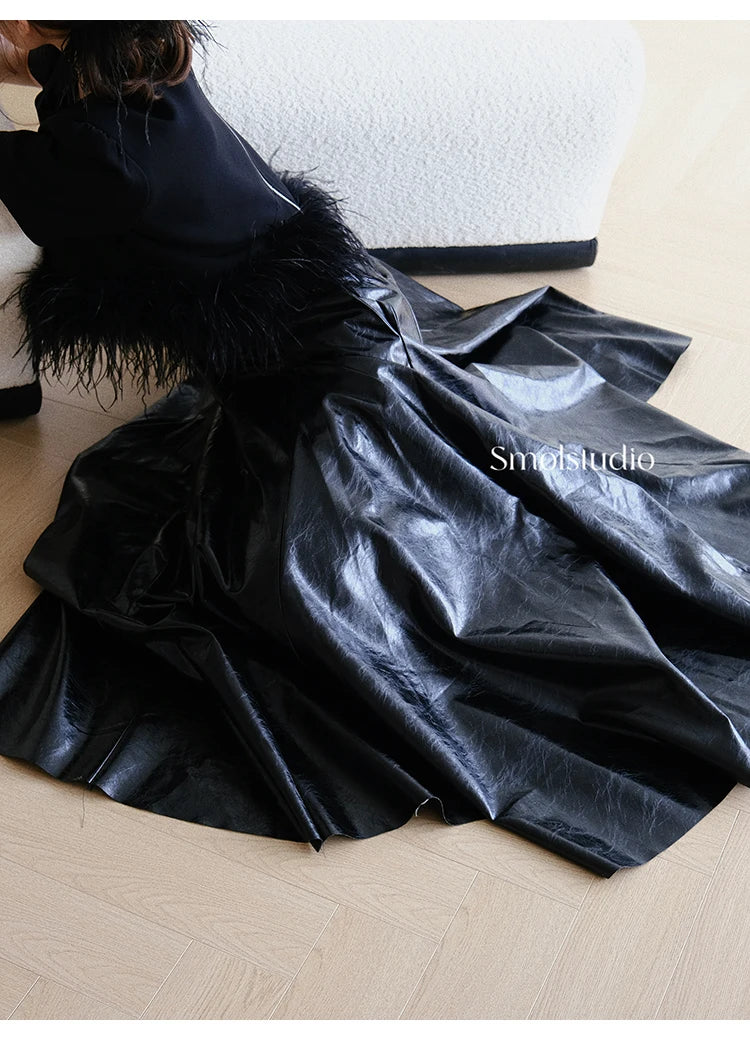 PU Leather Maxi Skirt - High Waist Pleated Black