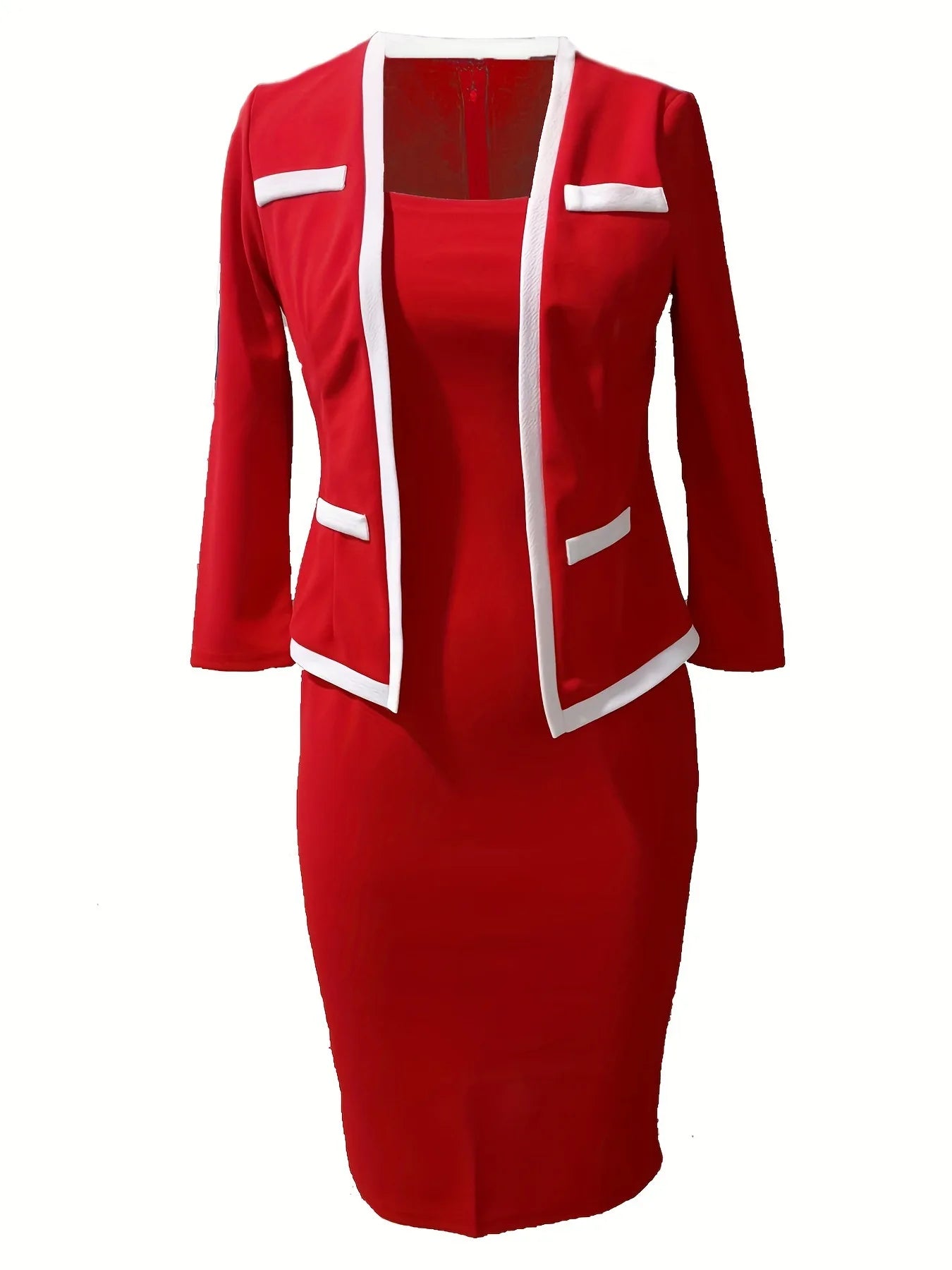 Pencil Dress - Square Collar Three Quarter Sleeve