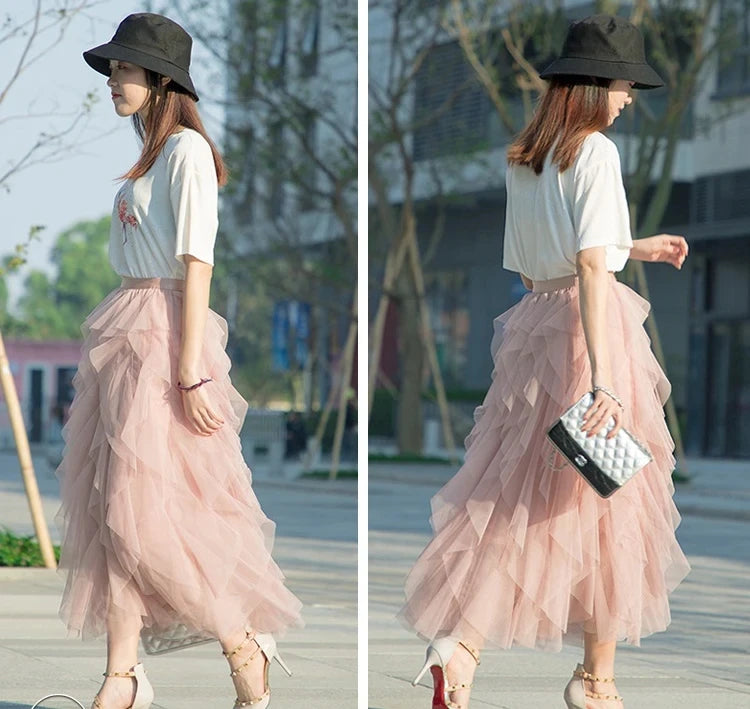 Tutu Tulle Long Maxi Skirt Women Fashion Korean Cute Pink High Waist Pleated Skirt Mesh Female Lady Aesthetic Faldas