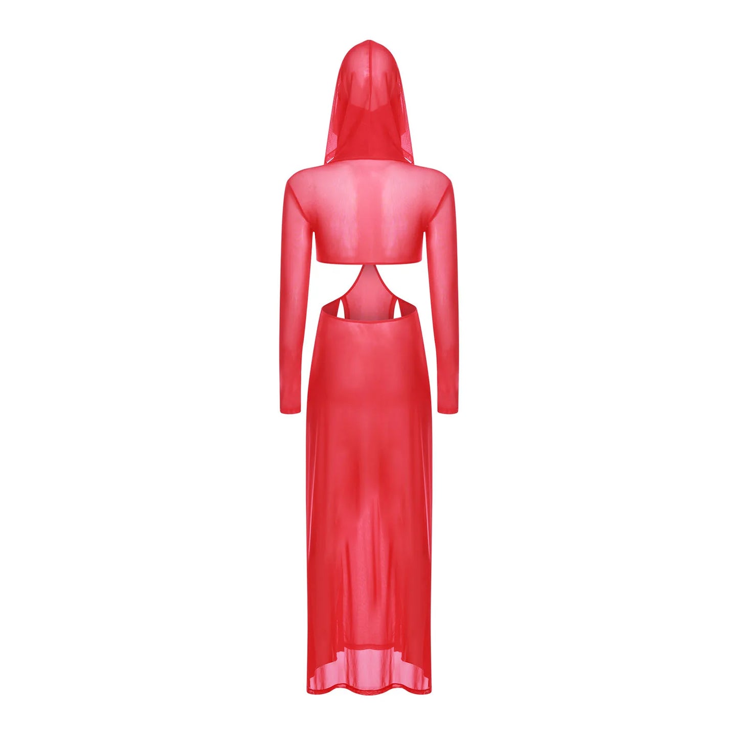 Sheer Maxi Dress - Hooded Face Mask High Slit