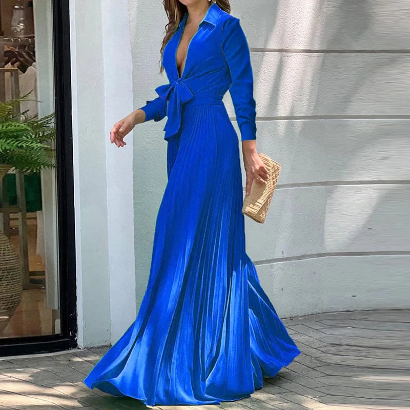 Vestido Largo Boho Floral Escote V Manga Larga Línea A Mujer