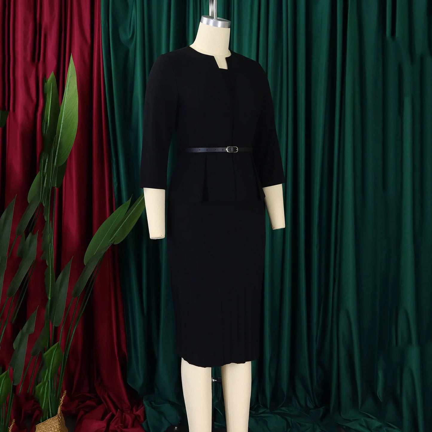 Office Dress - V Neck Belt Midi Professional 2024