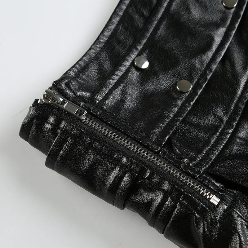 2025 New Vintage Dark Punk Rivet Faux Pu Leather Pleated Skirts Y2K Grunge Streetwear Women Gothic Dropped A-Line Mini Skirt Zip