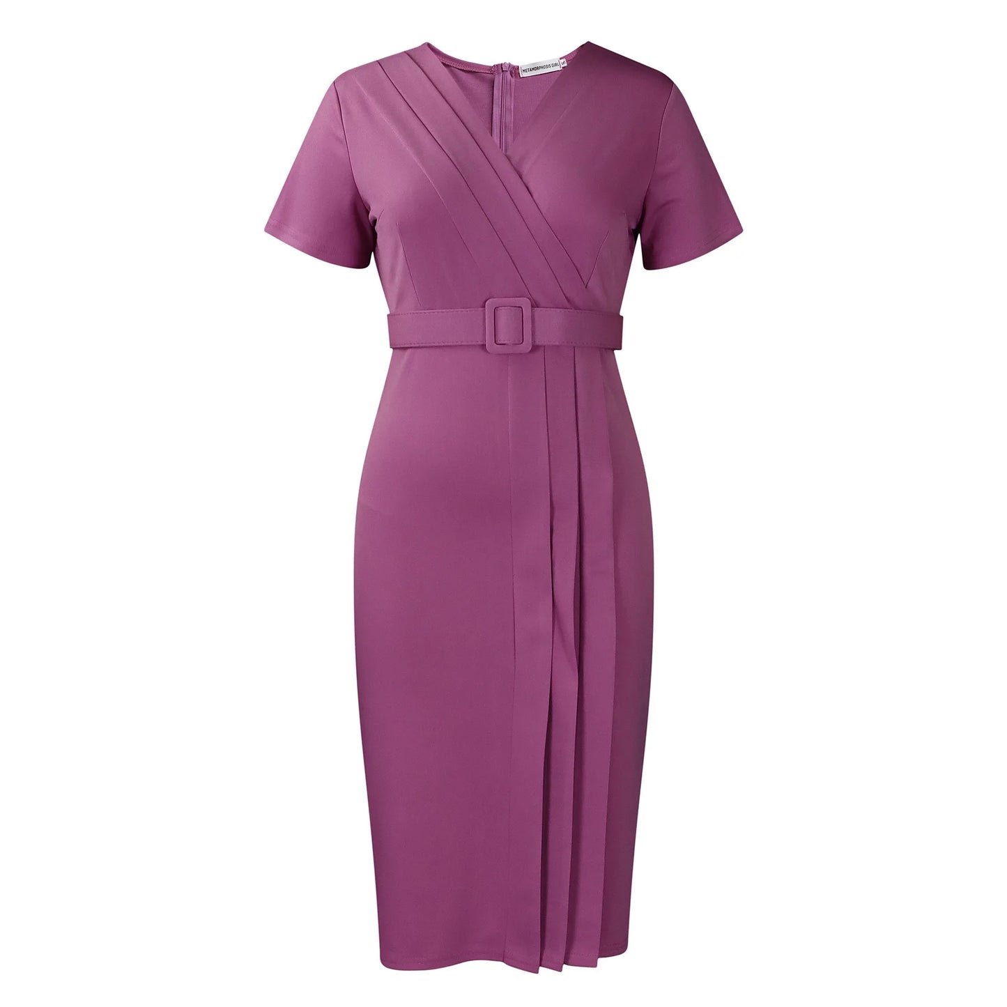Office Dress - V Neck Belt Pleated Midi
