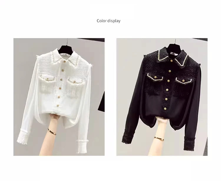 Blusa Tejido Texturado Tweed Patchwork Cuello Vuelto Manga Larga