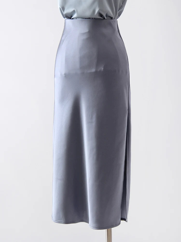 Satin Midi Skirt - A-Line Side Slit