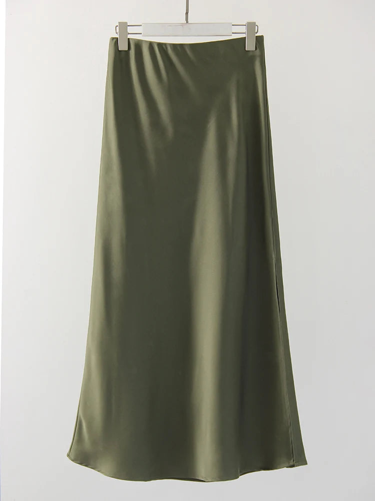Satin Maxi Skirt - High Waist Side Slit Black