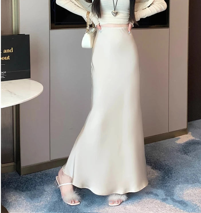 Satin Midi Skirt - High Waist Silk Champagne