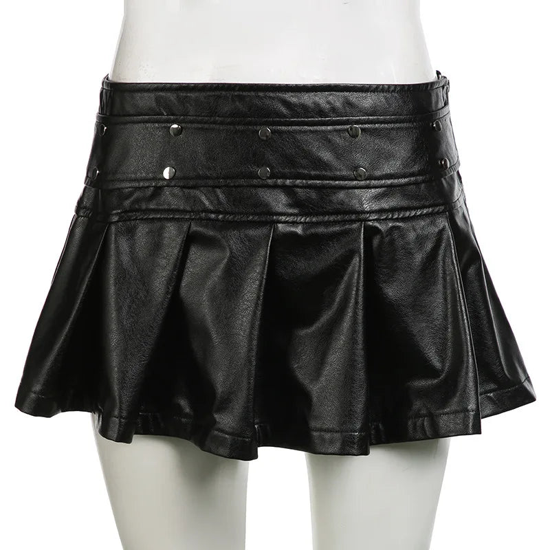 2025 New Vintage Dark Punk Rivet Faux Pu Leather Pleated Skirts Y2K Grunge Streetwear Women Gothic Dropped A-Line Mini Skirt Zip