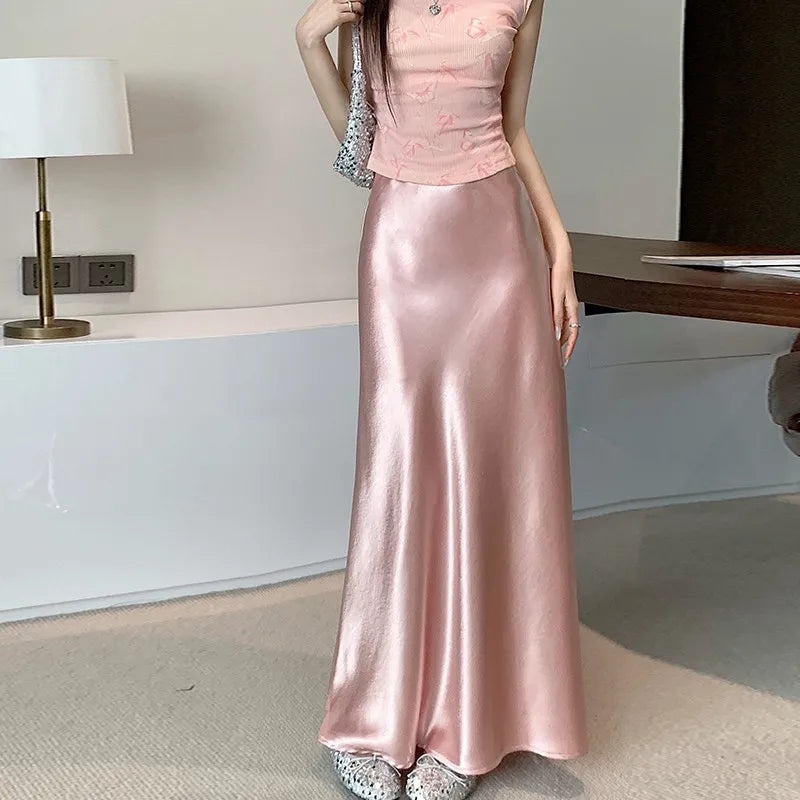 Pink Satin Midi Skirt - High Waist Fishtail Wrap