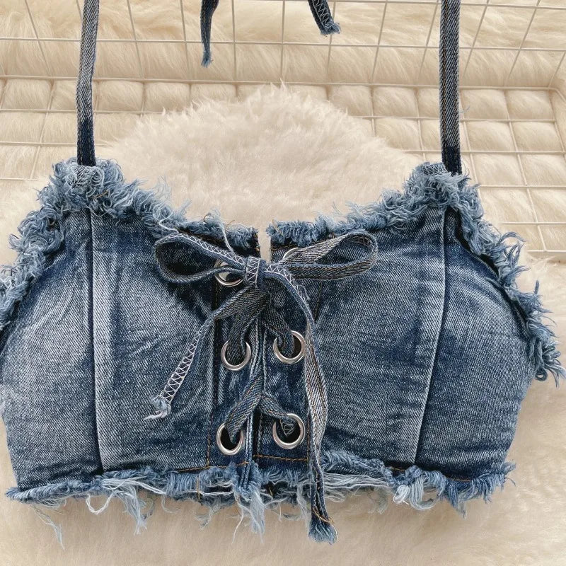 OIINAA Bathing Suit Women Sexy Denim Suits Bikini Set Lace Up Drawstring Beachwear 2025 Solid Summer Vintage Two-pieces Swimwear