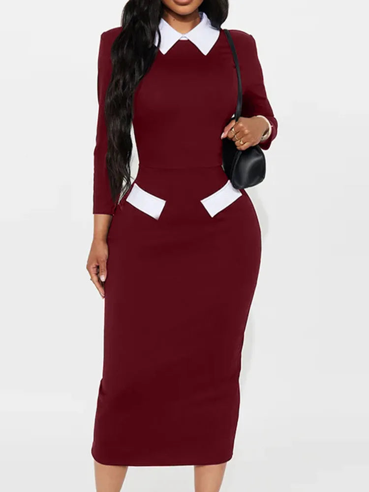 Pencil Dress - Polo Collar Long Sleeve Office