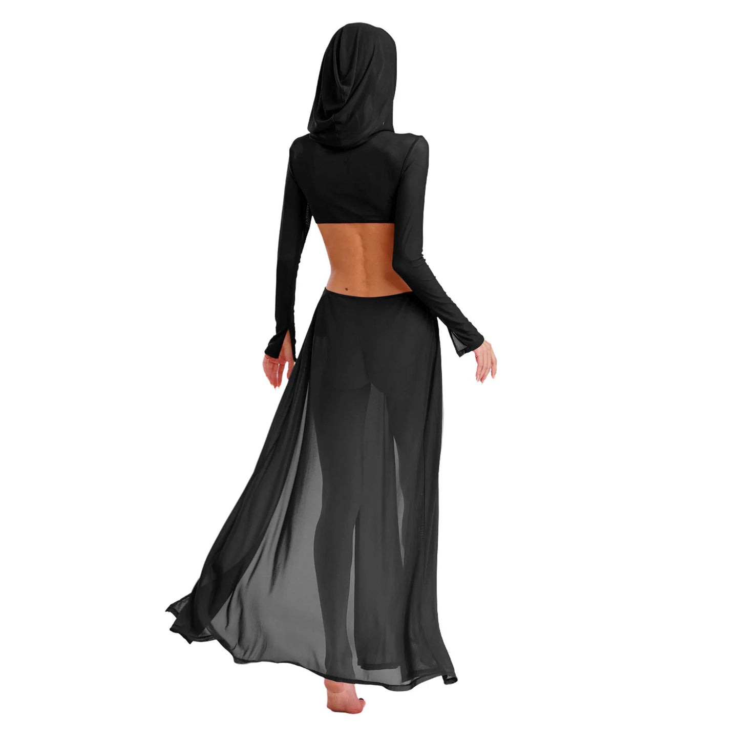 Sheer Maxi Dress - Hooded Face Mask High Slit