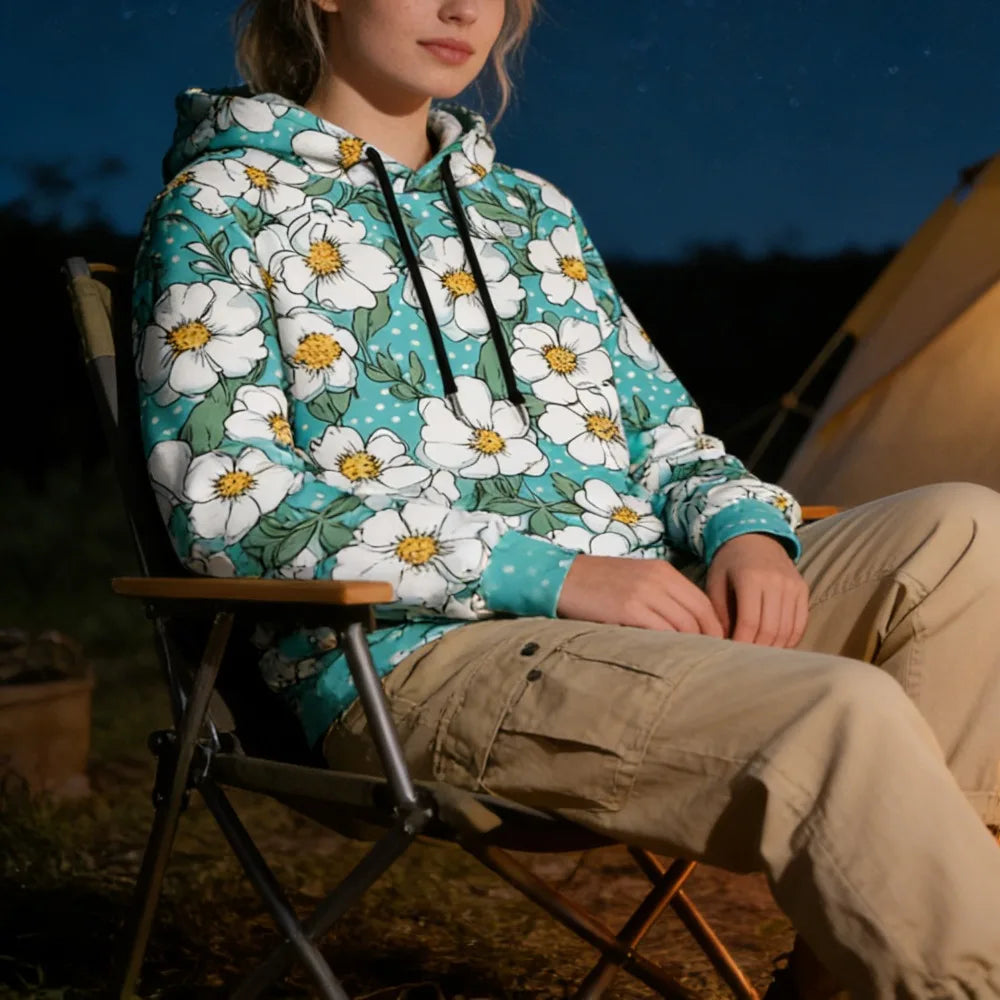 Polerón Capucha Mujer Estampado Sueco Floral Bolsillo Canguro