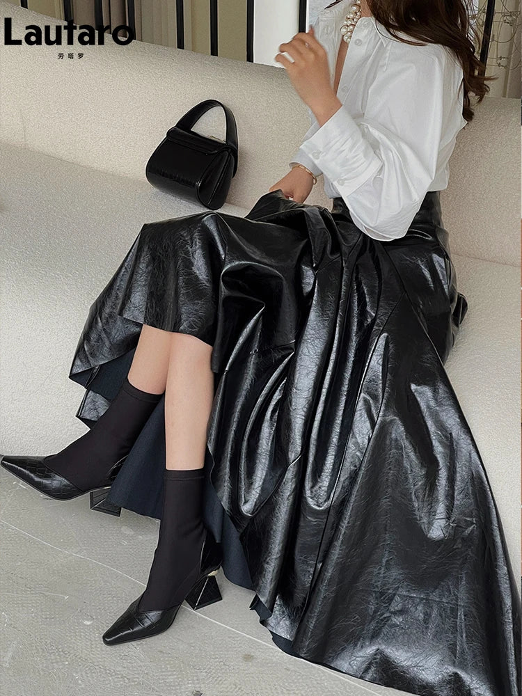 PU Leather Maxi Skirt - High Waist Pleated Black