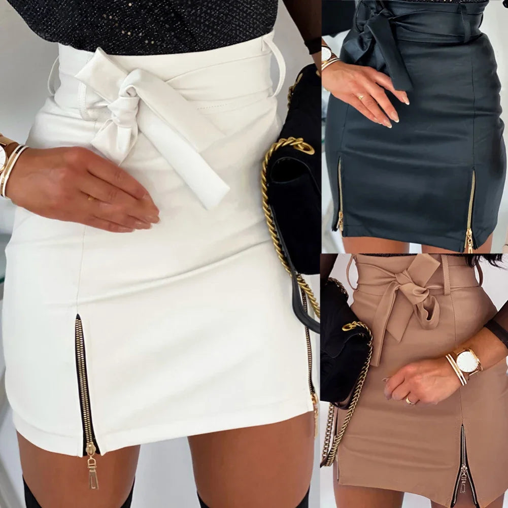 PU Leather Pencil Mini Skirt - High Waist Split Zipper