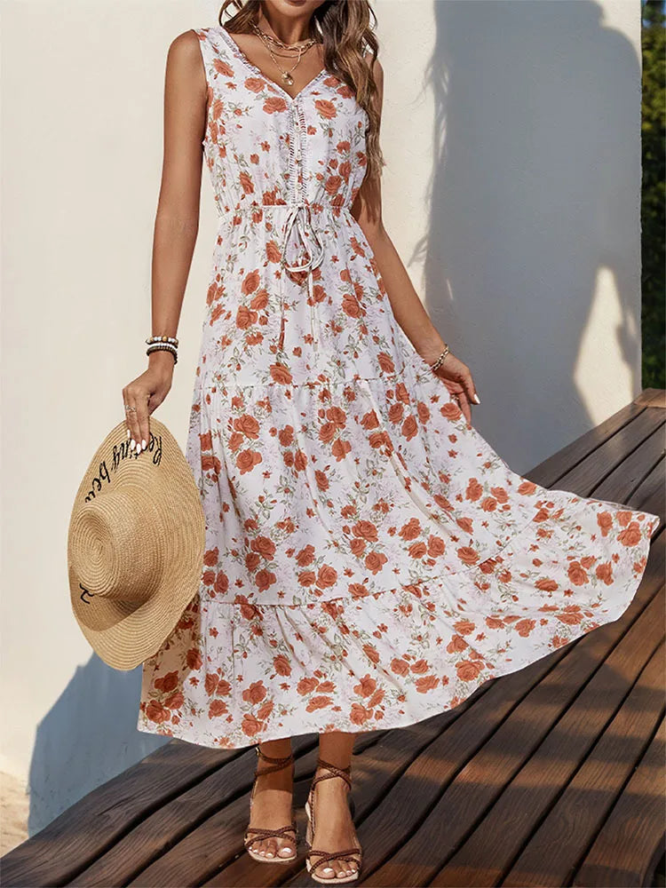 Vestido Largo Casual Floral Escote V Sin Mangas Mujer